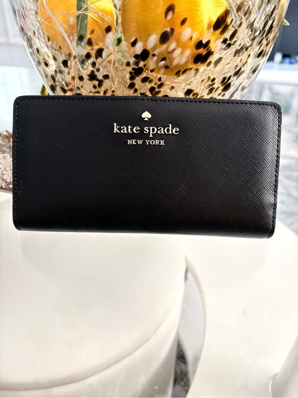 kate spade Black Saffiano Leather Continental Wallet with Gold Logo
